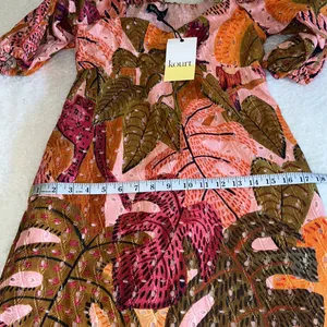 Kourt Tropical Leaf Puff‎ Sleeve Mini Dress Pink Orange Multicolor Size S NWT thumbnail 6