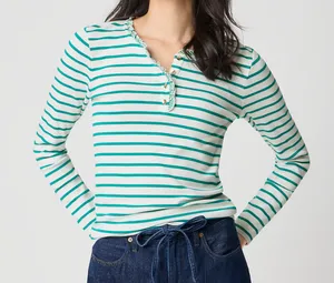 J. Crew Long Sleeve Striped Ruffleneck Henley Shirt Top Green White Small thumbnail 1