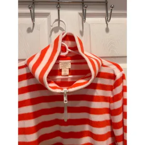 Telluride Clothing Co Women Pink Orange Striped Fleece Quarter Zip Pullover L thumbnail 2