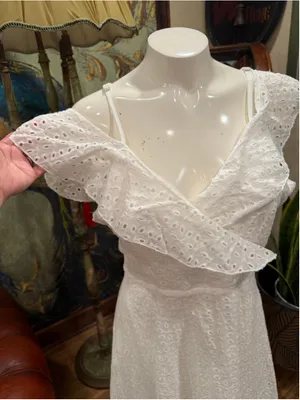 SHEIN White Eyelet Lace Ruffle Wrap Mini Dress Size M Minimalist Coastal Resort thumbnail 4