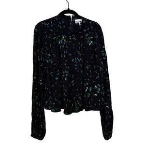 Ganni Black Blue Floral Mock Neck Pleated Crepe Top Blouse Size EU 42 US Large thumbnail 2