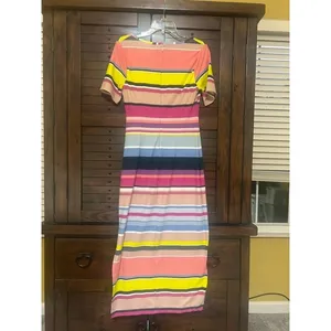 GUESS Multi-color Bright Striped Maxi Dress Size 4 Ribbed Short Sleeve Happy thumbnail 4