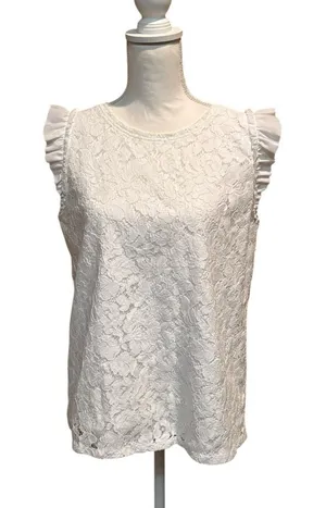 Loft Women's White Top Blouse Crochet Overlay Short‎ Ruffle Sleeves Size Medium thumbnail 1