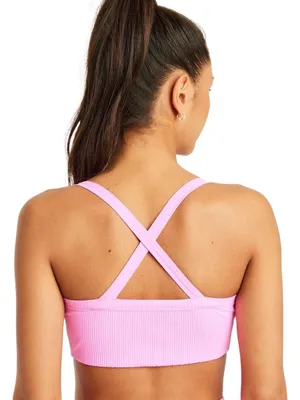 Year of ours ribbed sports bra neon pink vneck criss cross top thumbnail 1