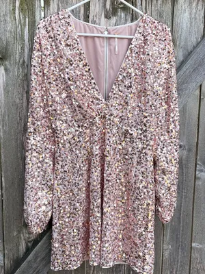 EUC Free People Dance All Night Sequined V Neck Puff Slv. Dress Rose Gold Small thumbnail 2