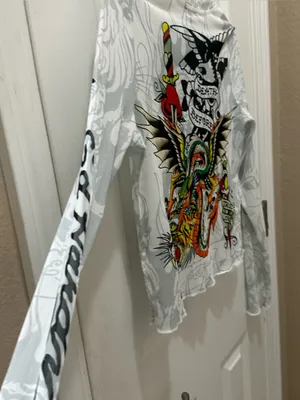 Ed Hardy Dragon Dagger white mesh long sleeve crop top Large Y2K thumbnail 11