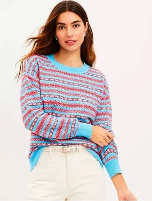 NWT Loft‎ Women’s Crewneck Vibrant Knit Sweater Blue Red XS thumbnail 1
