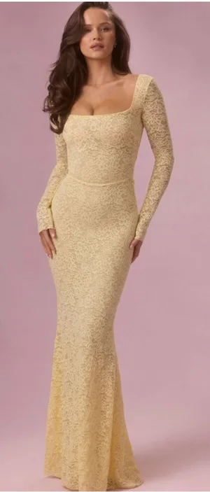 Oh Polly Isolde Premium Lace Long-Sleeve Maxi Dress in Butter Yellow Size M New thumbnail 1