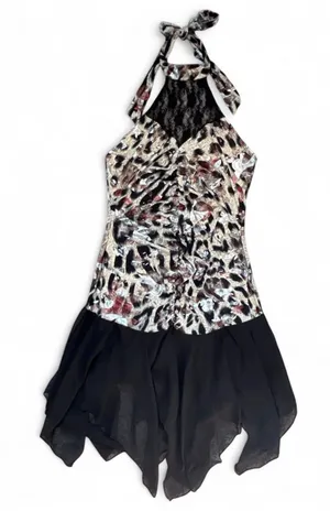 J Mode Ruched Leopard & Metallic Floral Print Halter Backless Dress with Black Mesh Asymmetrical Skirt thumbnail 1