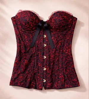 Savage X Fenty Black Red Lace Corset Bustier Top Lace-Up Back Size M thumbnail 1