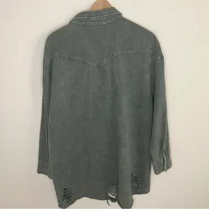 12Th Tribe Womens Dark Olive Green Distressed Shacket Button Up One Size Jacket thumbnail 5