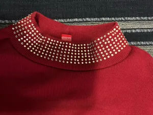GUESS Red Rhinestone Mock Neck Top - Size S thumbnail 4