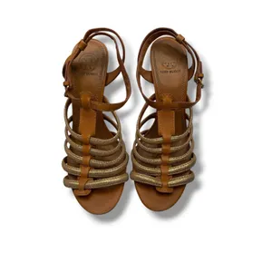 Tory Burch Charlene Sandals 7.5 Tan Gold Leather Heels Dress‎ Party Elegant thumbnail 2
