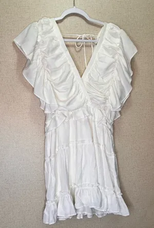 glam White Ruffled Mini Dress Sz M thumbnail 1