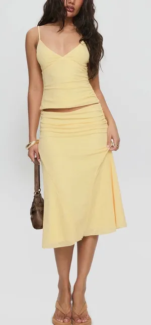 Princess Polly Yellow Textured Midi Skirt High Waisted Side Ruched US 4 thumbnail 1