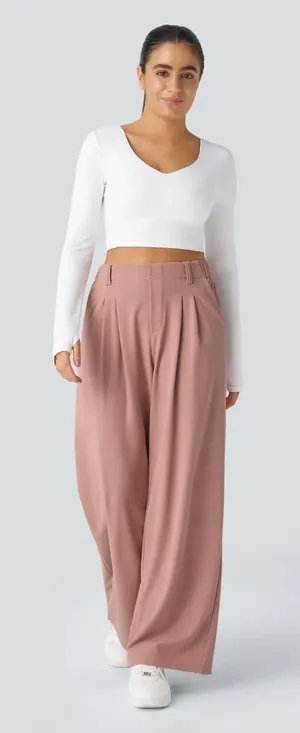 Halara Flex High Waisted Pocket Wide‎ Leg Waffle Work Pants rose tan women's M thumbnail 1