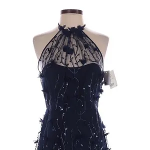 Dessy Collection Maya Navy 3D Floral Sequin Halter Dress Size 2 Fairycore thumbnail 3