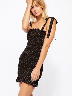 Free People Bella Black Floral Print Smocked Bodycon Mini Dress Large thumbnail 13