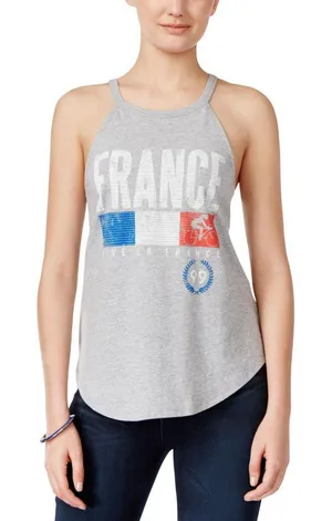 NWT Cold Crush Juniors Vive La France Graphic High-Neck Tank Top Gray / Multi M thumbnail 1