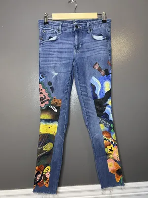 Gap Jeans Hand Painted Women 2 Medium Wash Blue Mid Rise Flare Unicorn Art thumbnail 3