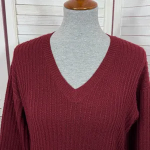 Nine West Metallic‎ Shimmer Knit Balloon Sleeve Sweater Dress Burgundy Red Small thumbnail 5