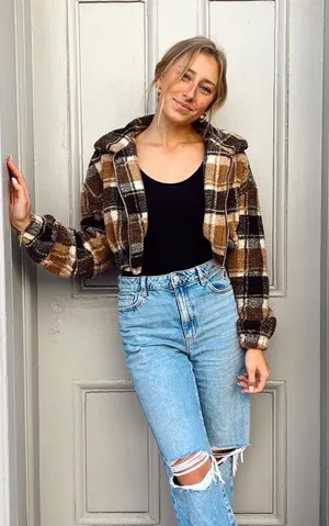 Plaid Cropped Sherpa Jacket Brown thumbnail 1