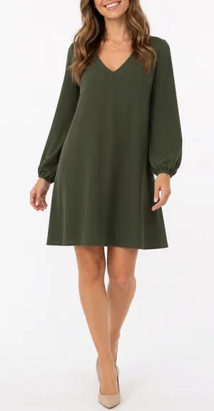 Solersun Olive Green V-Neck Balloon Sleeve Shift Mini Dress Large thumbnail 1