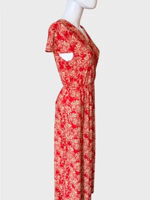 Red Paisley V-Neck Maxi Dress with Elastic Waist thumbnail 3