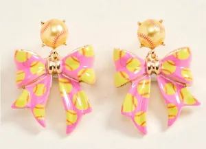 Softball Pink Bow Drop Earrings thumbnail 1