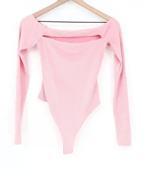 Naked Wardrobe Pink Shimmer Lurex Cutout Off Shoulder Bodysuit Small thumbnail 1