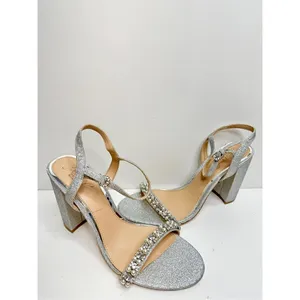 Badgley Mischka Sandals Size 8.5 Silver Block Heel Open Toe Embellished Bridal thumbnail 4