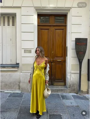 Zara Lace-Trim Slip Satin Maxi Dress in Mustard Chartreuse Yellow thumbnail 2