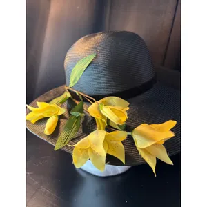Vintage Betmar New York Black Wide Brim Sun Hat Yellow Floral Velvet Ribbon NWT thumbnail 10