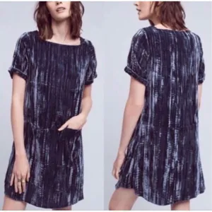 Floreat Anthropologie Women's Square Neck Short Sleeve Blue Velvet Shift Dress S thumbnail 2