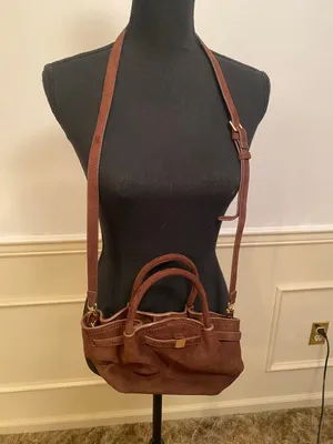 Chic Brown Faux Suede Crossbody Bag Gold Accents Minimalist Top Handle Satchel thumbnail 2