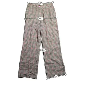 John Galt California Plaid Wide Leg Trousers Brown Red Check Pink Button 32W thumbnail 3
