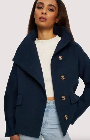 NOIZE Elettra Short Length Vegan Wool Coat Navy Womens Size Large thumbnail 1