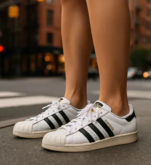 Adidas Superstar White Black Striped Sneakers‎ 9.5 Classic Streetwear Quiet Luxe thumbnail 1