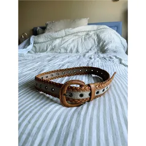 Woven Leather and Canvas Grommet Belt Wrapped Buckle One Size Cognac and Cream thumbnail 3