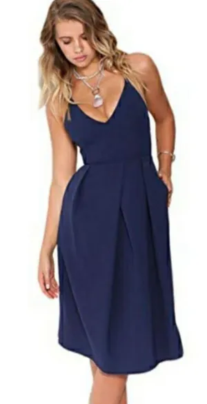Elia Cher NEW Blue Spaguetti Strap Sexy Open Back Pocket Dress Size L thumbnail 1