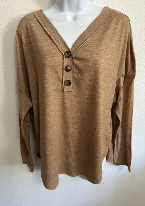 Womens V-Neck Button Henley Sweater in Heathered Camel Brown Size M thumbnail 1