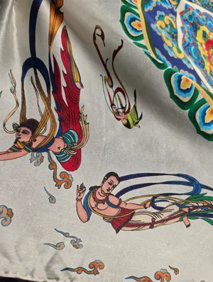 Vintage 100% Silk Scarf Hand Rolled Hem. DunHuang Art 43x41" thumbnail 6