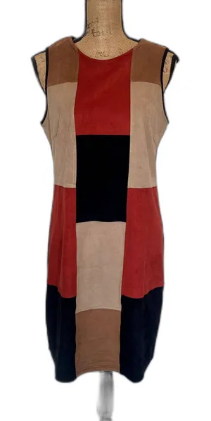 Spense Faux‎ Suede Patchwork Shift Dress Orange Black Tan Brown Retro Size 12 thumbnail 1