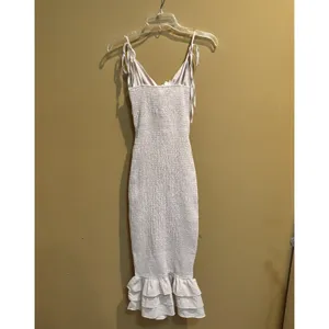 Mable Smocked‎ Midi Dress Small Beige Floral Tie Shoulder Cutout Ruffle Hem thumbnail 7
