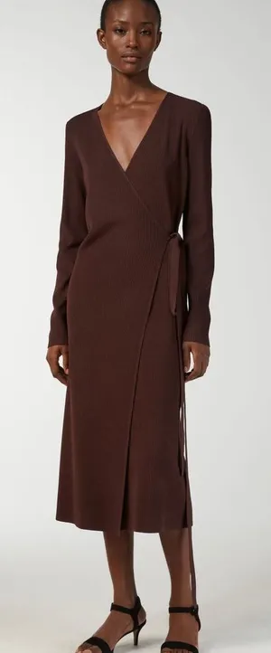 Arket Ribbed Wrap Midi Dress Viscose Blend Deep Brown S Office Casual thumbnail 1