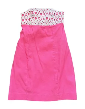 Lilly Pulitzer Textured Pink Cotton & White Lace Strapless Shift Dress Resort thumbnail 1