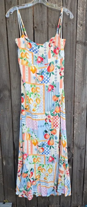 Paper Heart | Anthropologie Floral Fruit Patchwork Print Maxi Tie Back Dress L thumbnail 1