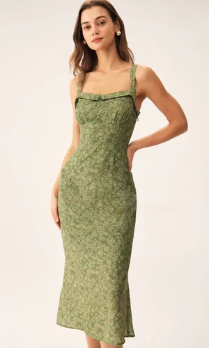 Rihoas Green Floral Square Neck Slip Midi Dress thumbnail 1