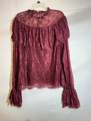 Anthropologie Endless Rose Ruffled Lace Blouse Romantic Feminine Burgundy Top L thumbnail 3