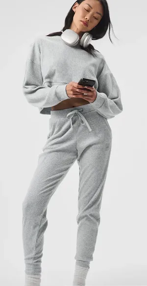 ALO Yoga Light Gray Muse Ribbed Drawstring Joggers thumbnail 1